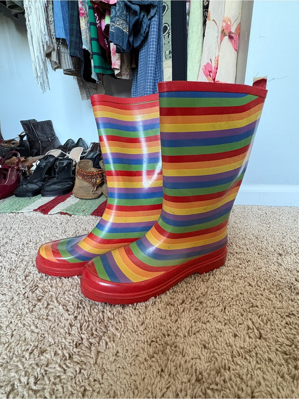 Women's Rainbow Stripe Rain Boots - Red Trim